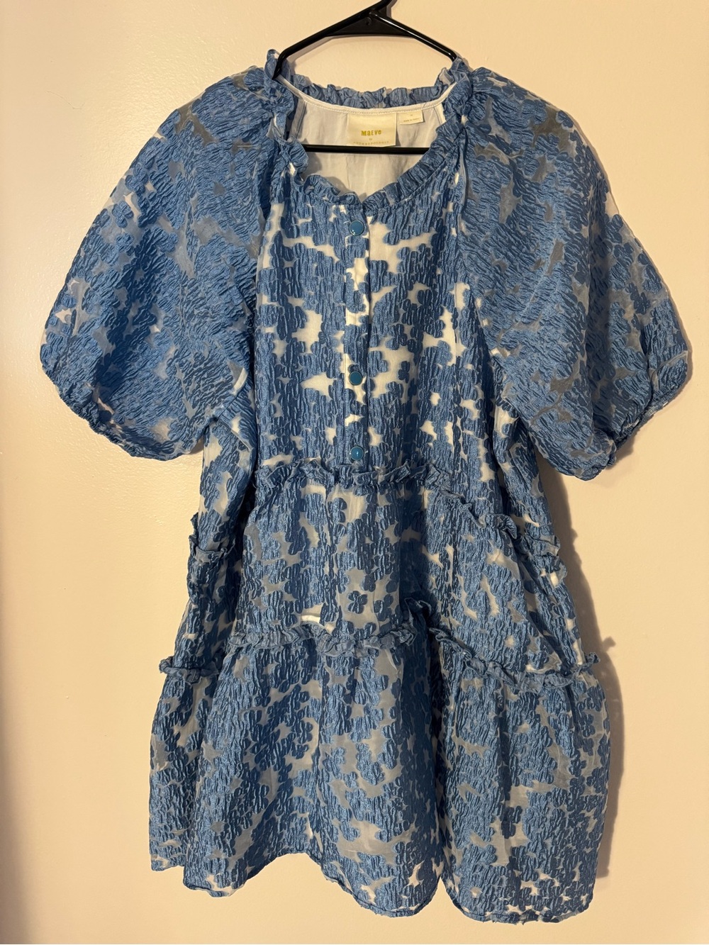 Maeve by Anthropologie Blue and White Textured Puff-Sleeve Mini Dress